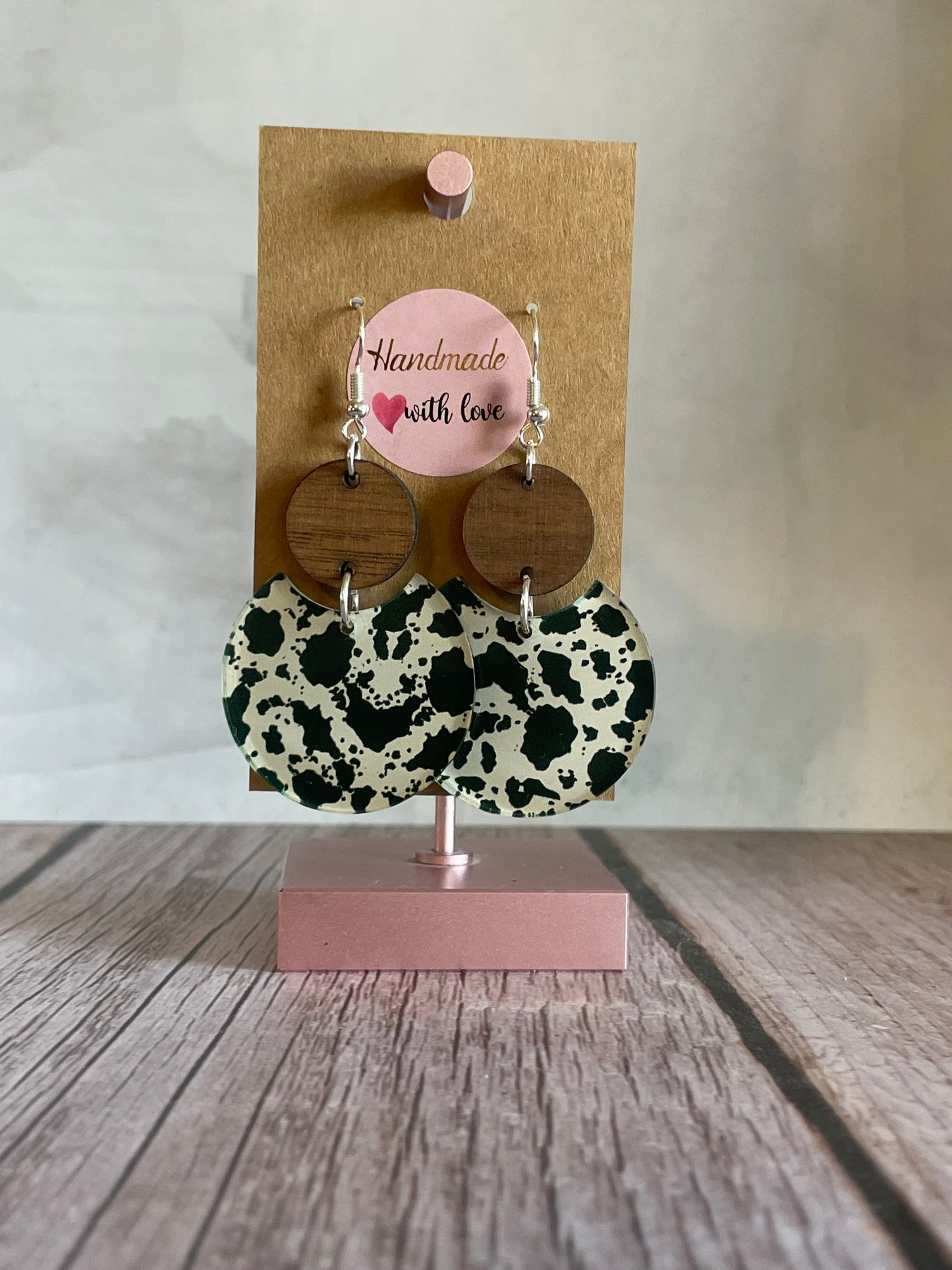 Handmade Patterned Cow Print Acrylic and Wood Earrings