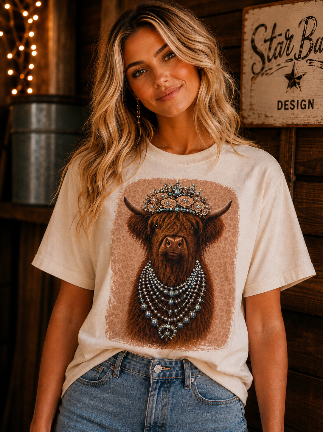 Highland Cow Turquoise Crown& Necklace Tee with Crystal