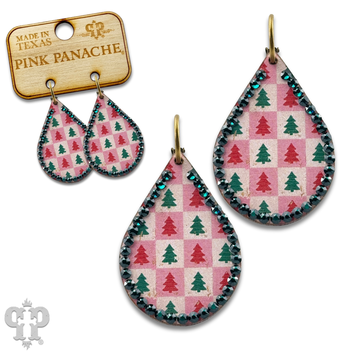Pink Panache Christmas print teardrop earrings with Austrian crystals: Green