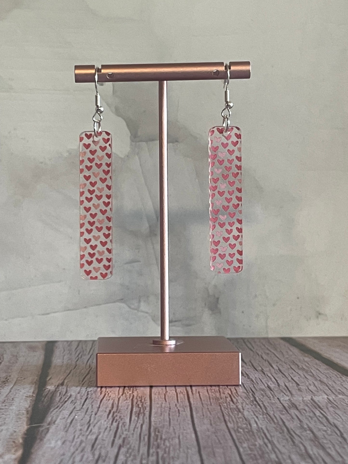 Handmade Patterned Acrylic Bar Pink Heart Print Valentines Earrings