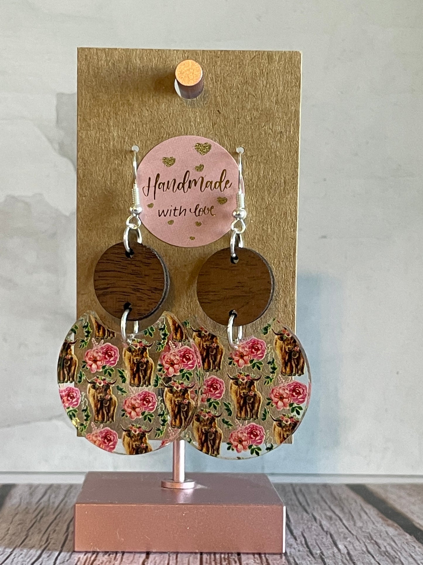 Handmade Patterned Highland Cow Print Acrylic and Wood Earrings