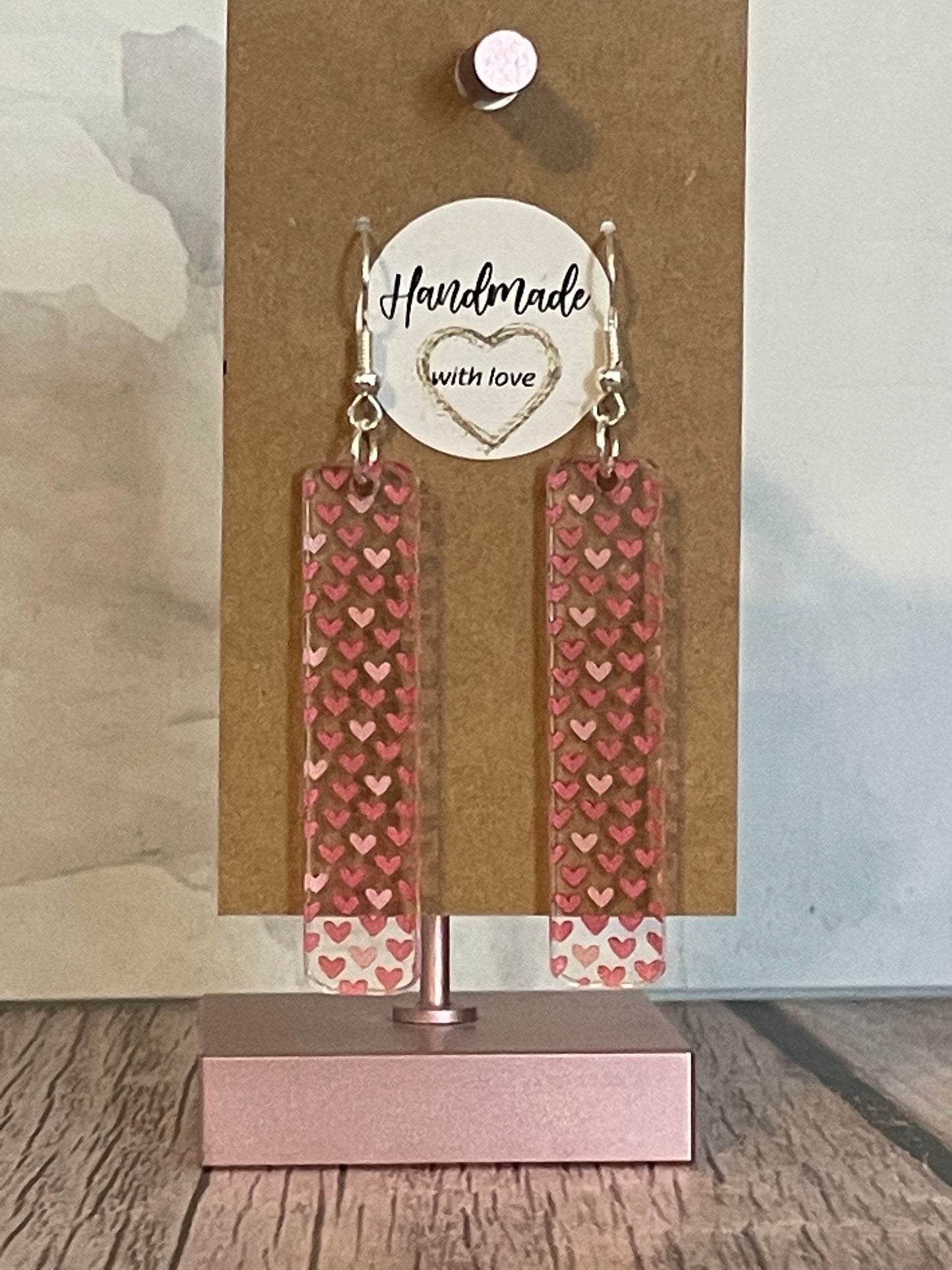Handmade Patterned Acrylic Bar Pink Heart Print Valentines Earrings