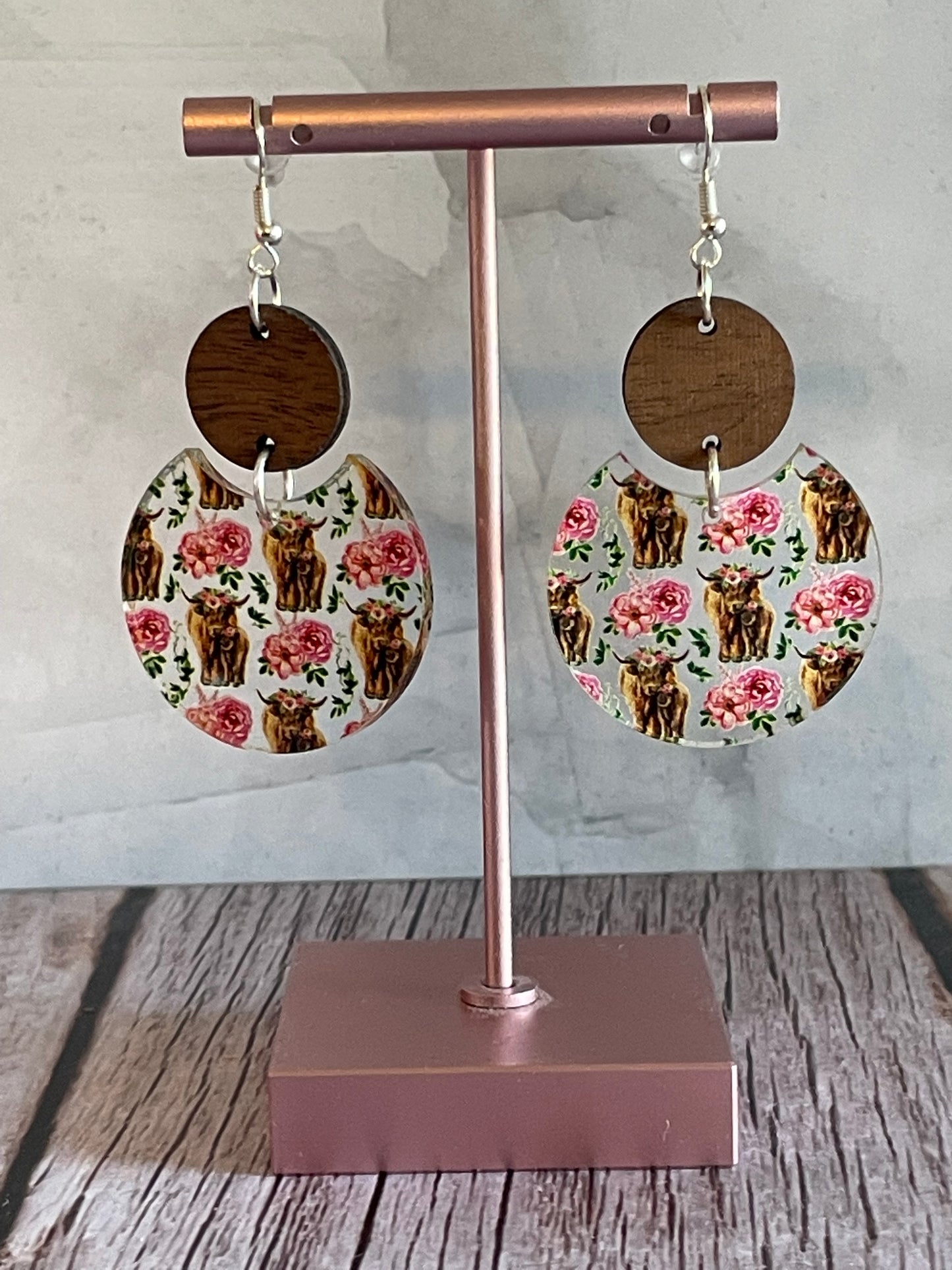 Handmade Patterned Highland Cow Print Acrylic and Wood Earrings