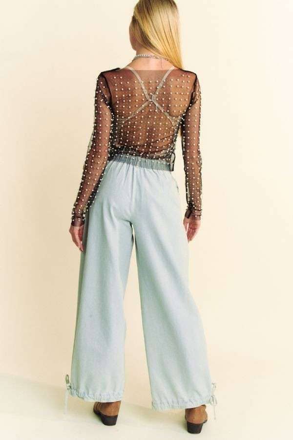 PLUS BEAD PEARL EMBELLISHED LONG SLEEVES MESH TOP: Black