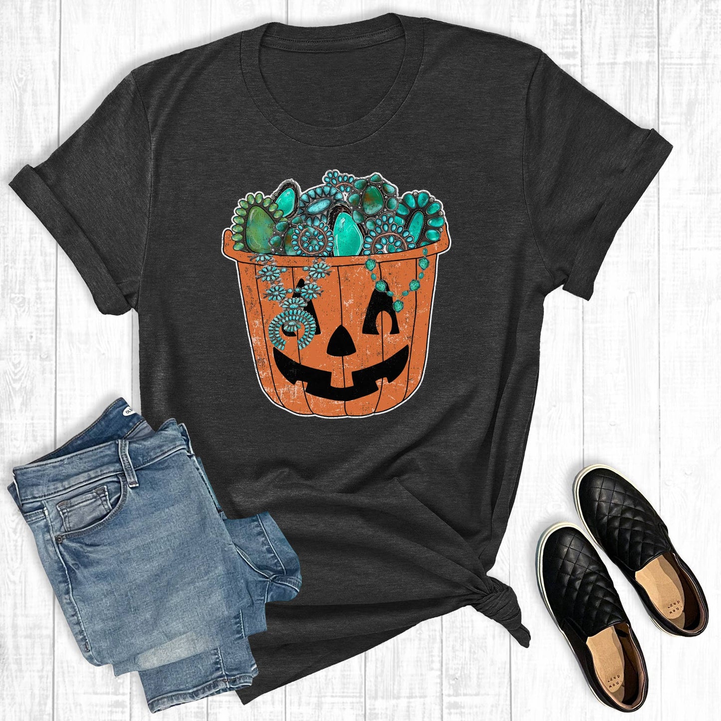Western Turquoise Pumpkin Bucket Graphic Tee: Charcoal
