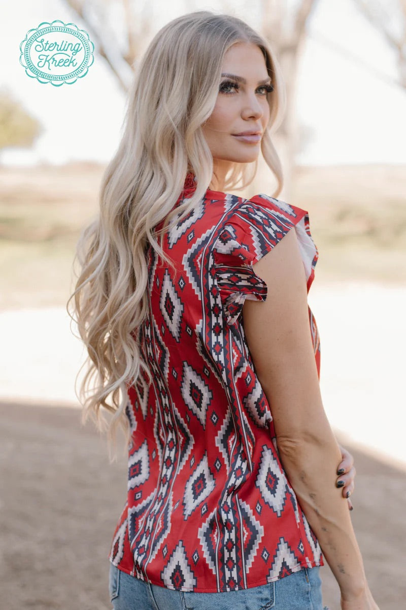 Sterling Kreek Babydoll Top- Red Aztec