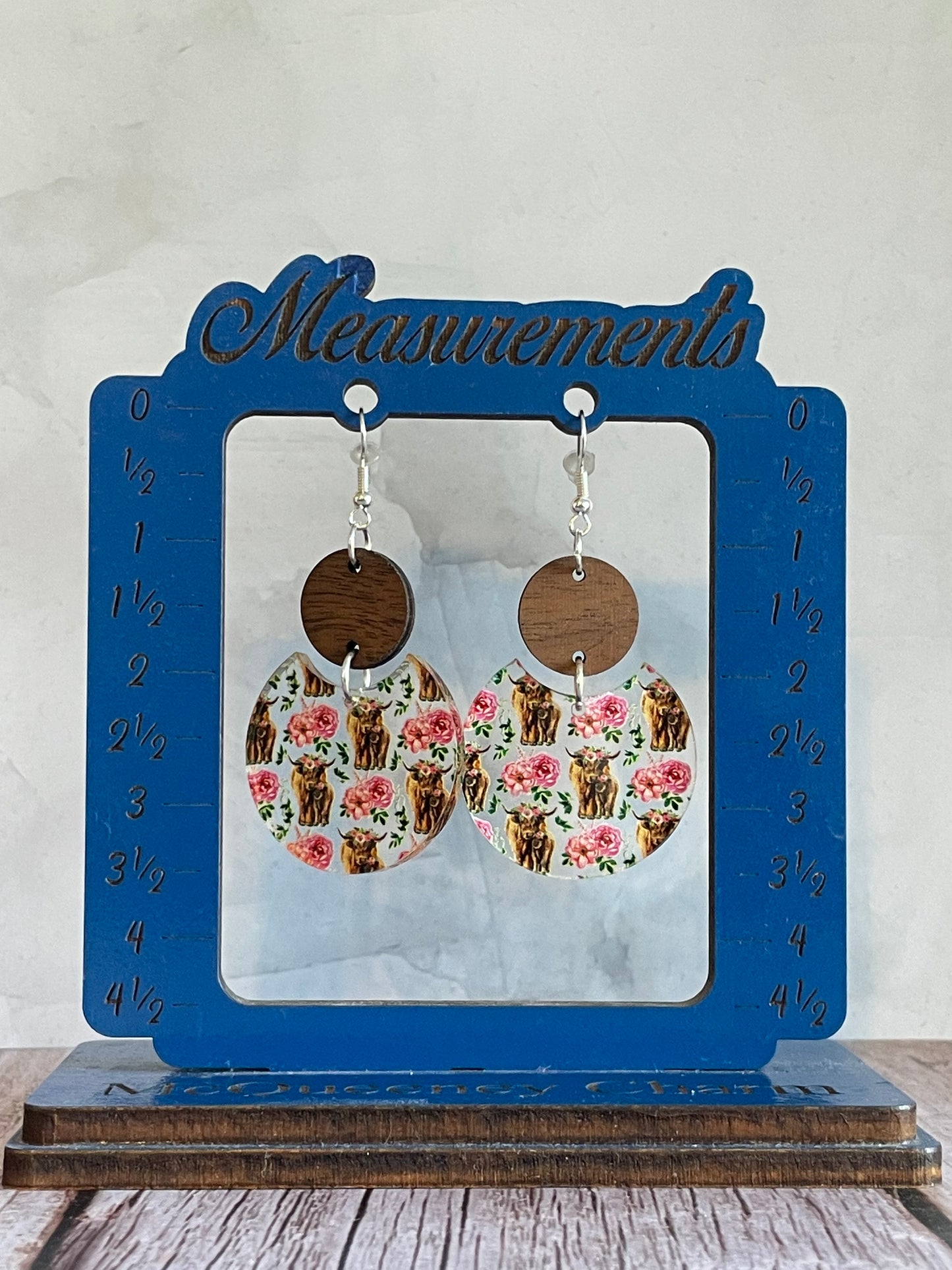 Handmade Patterned Highland Cow Print Acrylic and Wood Earrings