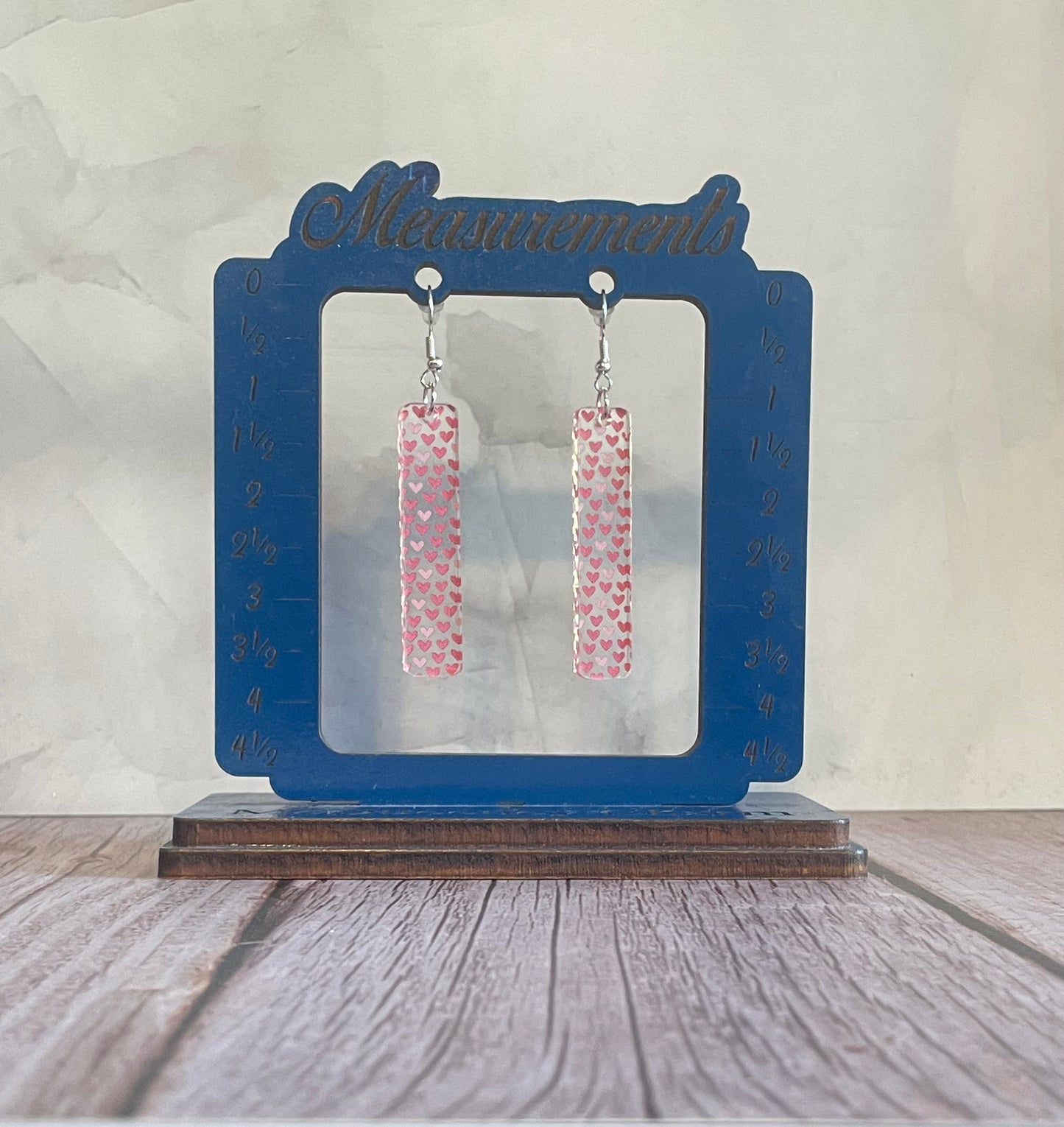 Handmade Patterned Acrylic Bar Pink Heart Print Valentines Earrings