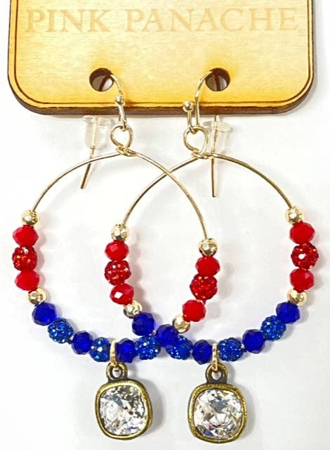 Pink Panache Red/White/Blue crystal pave circle hoop earring with bronze/clear cushion cut drop