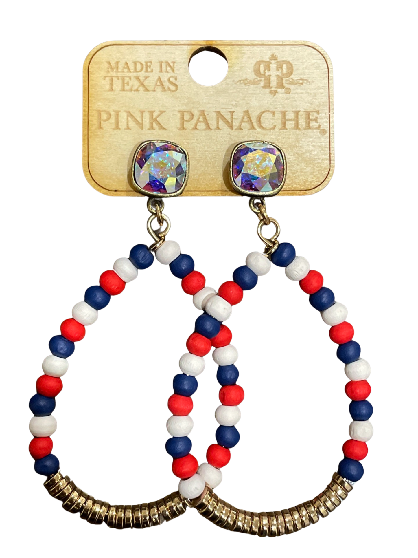 Pink Panache 10mm bronze/AB cushion cut post with red, white, blue and gold bead teardrop earring