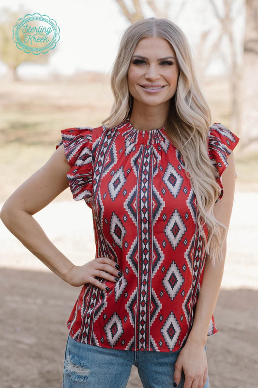 Sterling Kreek Babydoll Top- Red Aztec