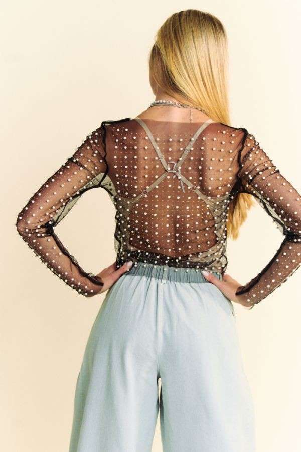 PLUS BEAD PEARL EMBELLISHED LONG SLEEVES MESH TOP: Black