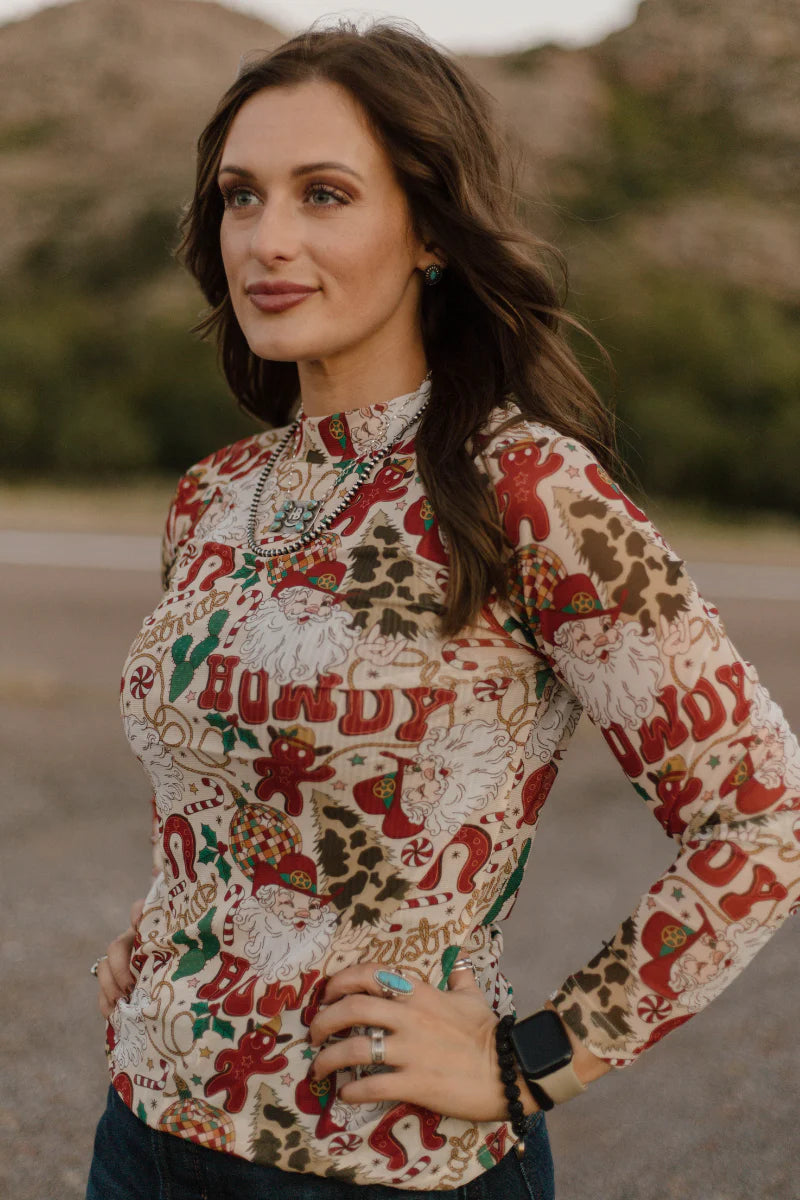 Sterling Kreek Howdy Santa Mesh Top