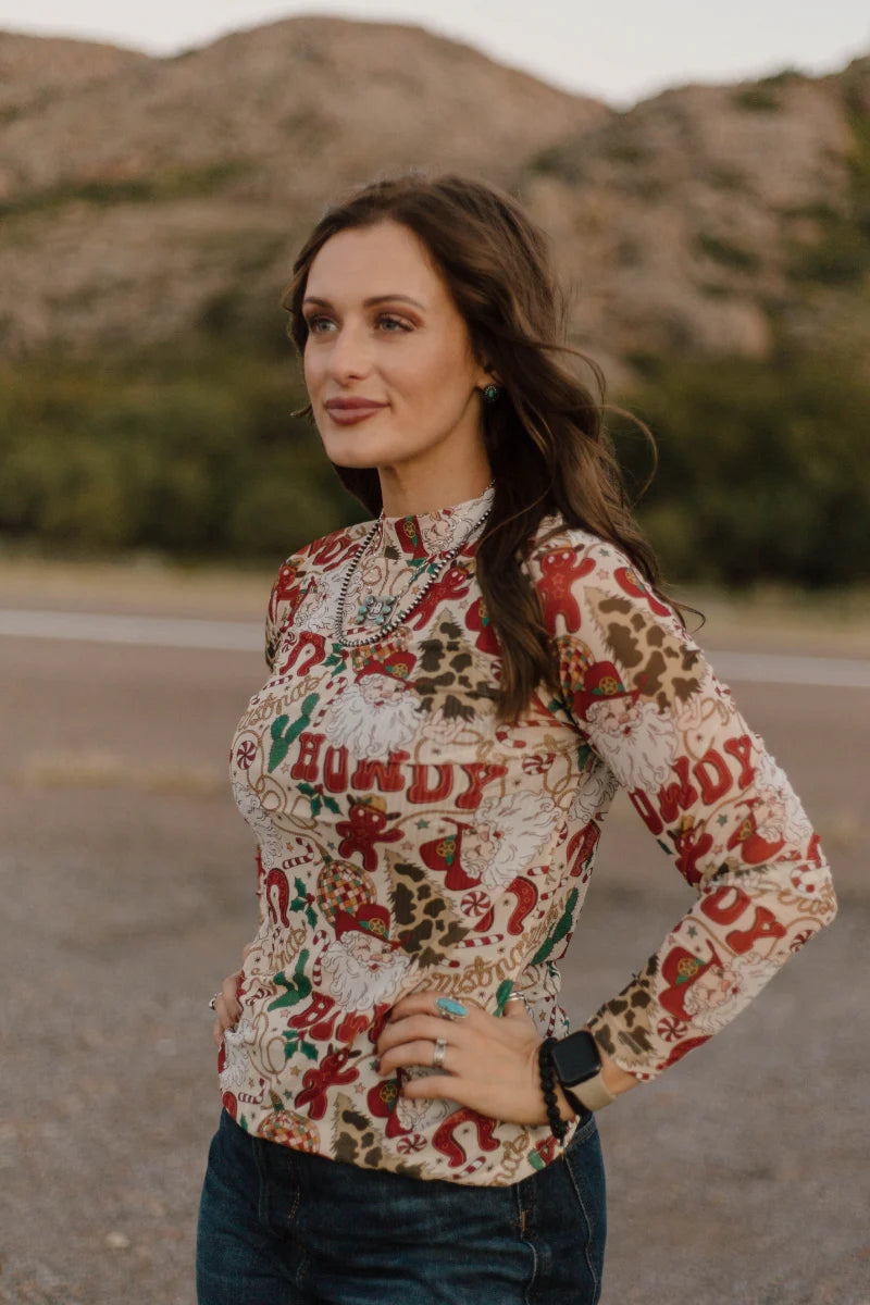 Sterling Kreek Howdy Santa Mesh Top