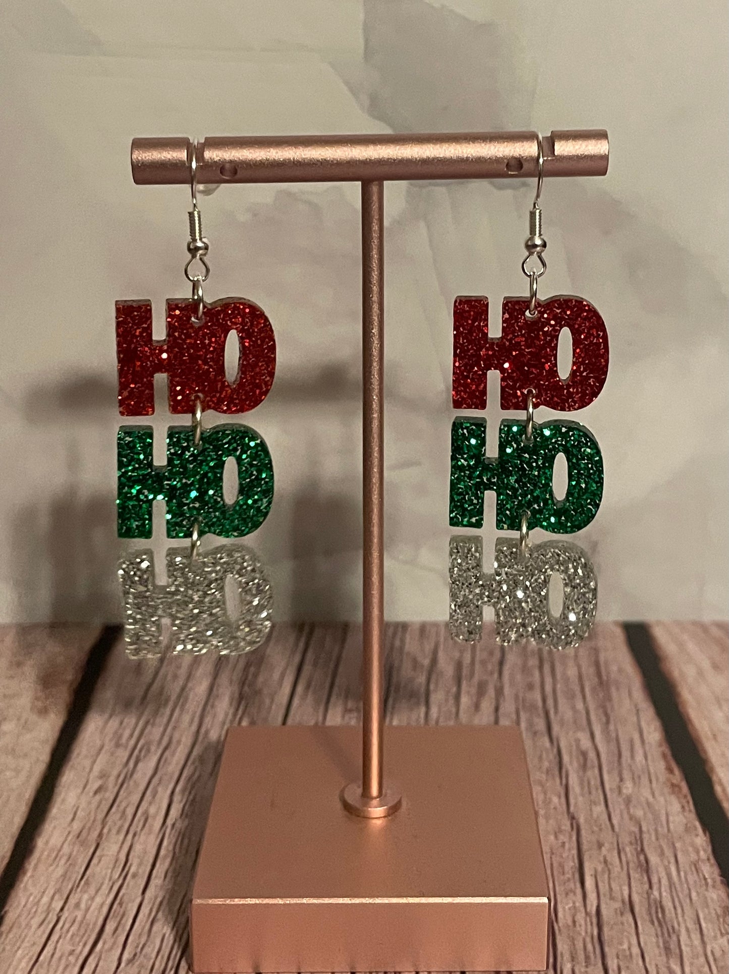 Handmade Glitter Acrylic HO HO HO Earrings