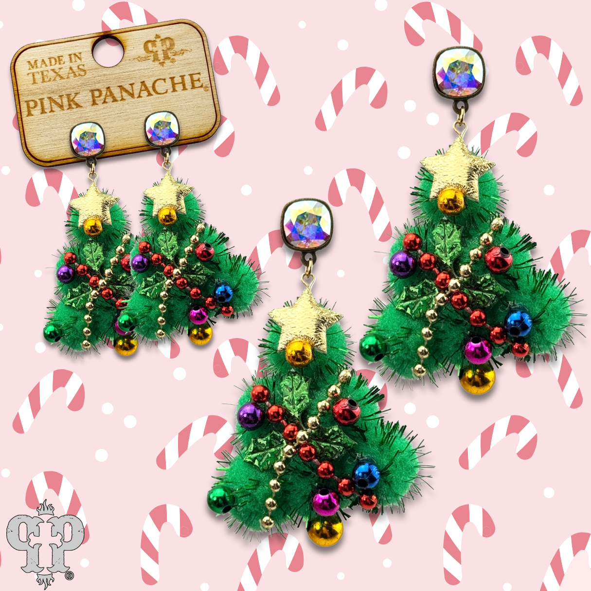 Pink Panache Decorated Christmas tree earring with Austrian crystal: Green