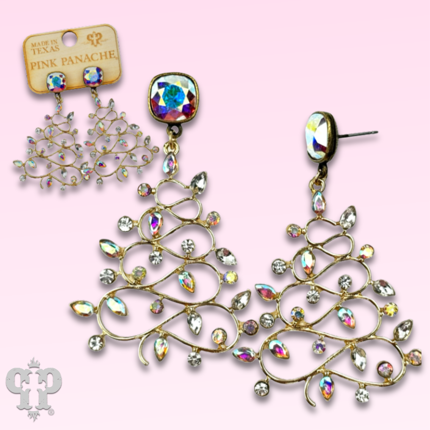 Pink Panache Rhinestone whimsical Christmas tree earring, Austrian crystal: Gold