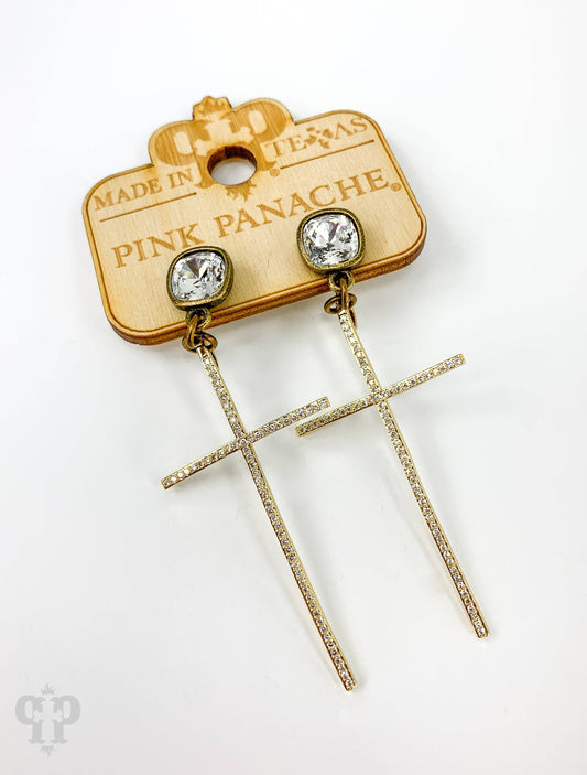 Pink Panache Rhinestone cross earring with Austrian crystal: Gold