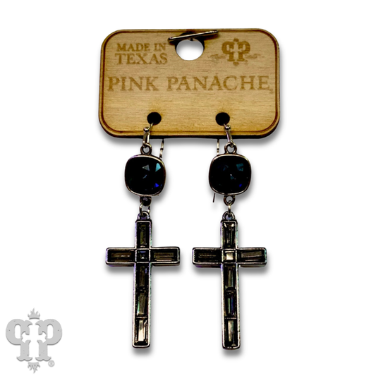 Pink Panache Rectangle rhinestone cross earring with Austrian crystal - LC: Black