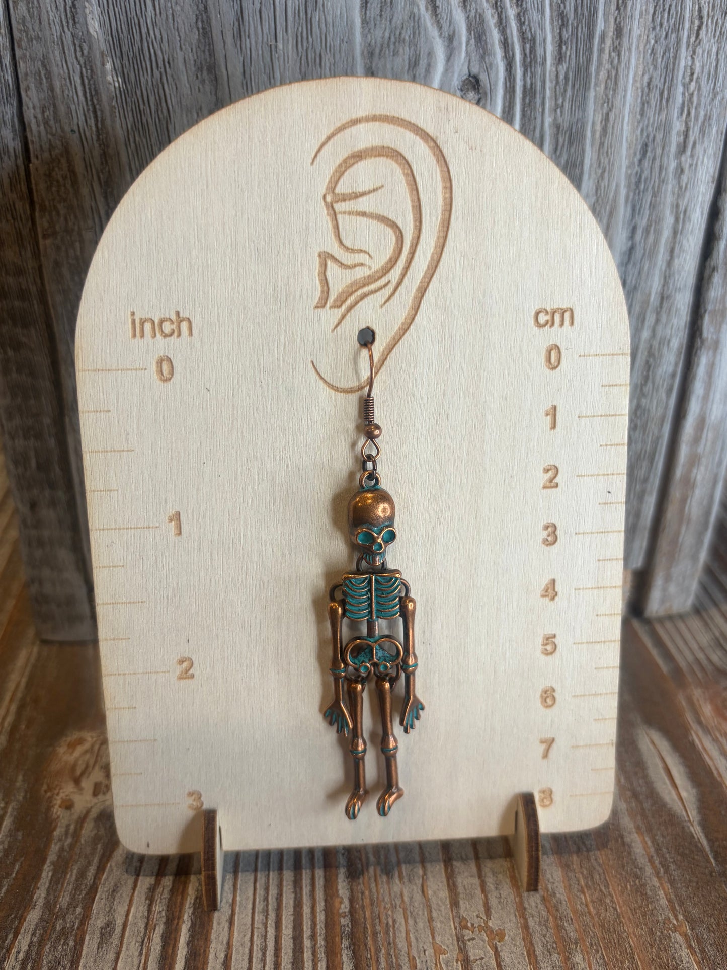 Red Copper Skeleton Earrings | Green Patina Acrylic Dangle | Rustic Halloween Jewelry