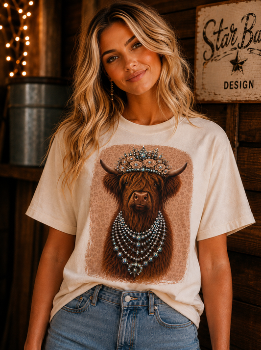 Highland Cow Turquoise Crown& Necklace Tee with Crystal