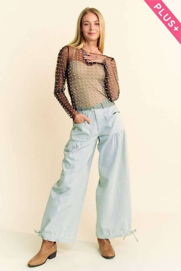 PLUS BEAD PEARL EMBELLISHED LONG SLEEVES MESH TOP: Black