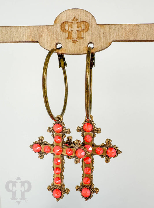 Pink Panache Fancy cross earring with Austrian crystals: Orange
