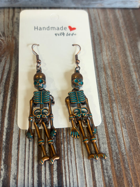 Red Copper Skeleton Earrings | Green Patina Acrylic Dangle | Rustic Halloween Jewelry
