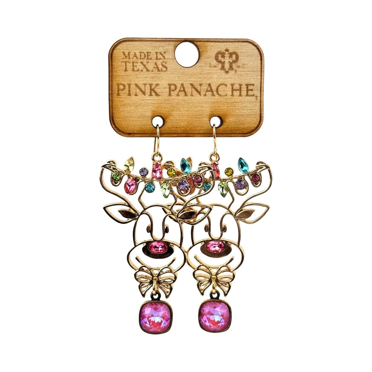 Pink Panache Gold and rhinestone reindeer earring with Austrian crystal: Pink