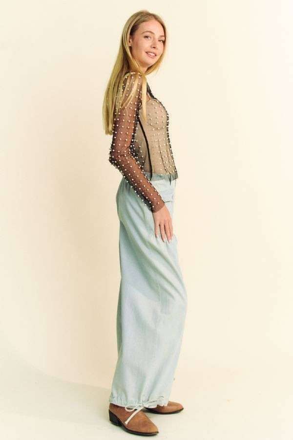 PLUS BEAD PEARL EMBELLISHED LONG SLEEVES MESH TOP: Black
