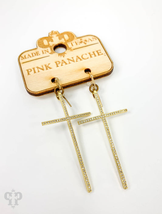 Pink Panache Rhinestone cross earring 1E564: Gold