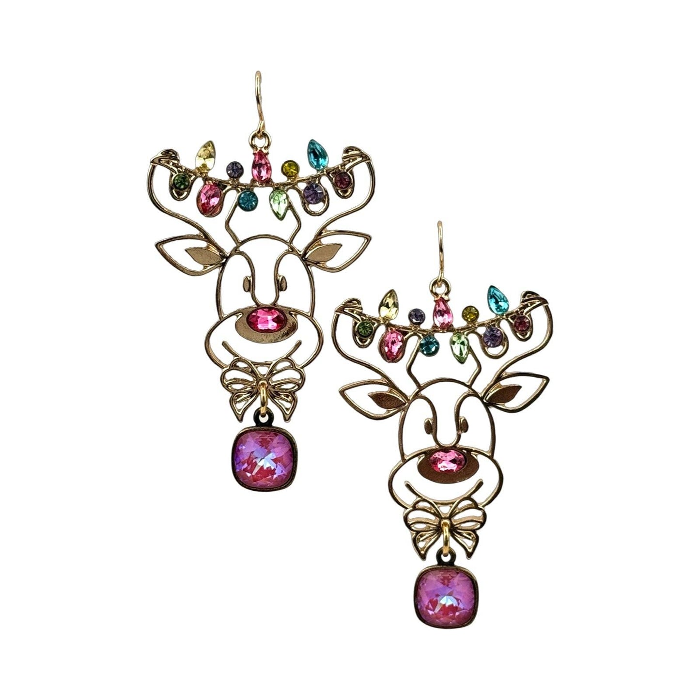 Pink Panache Gold and rhinestone reindeer earring with Austrian crystal: Pink