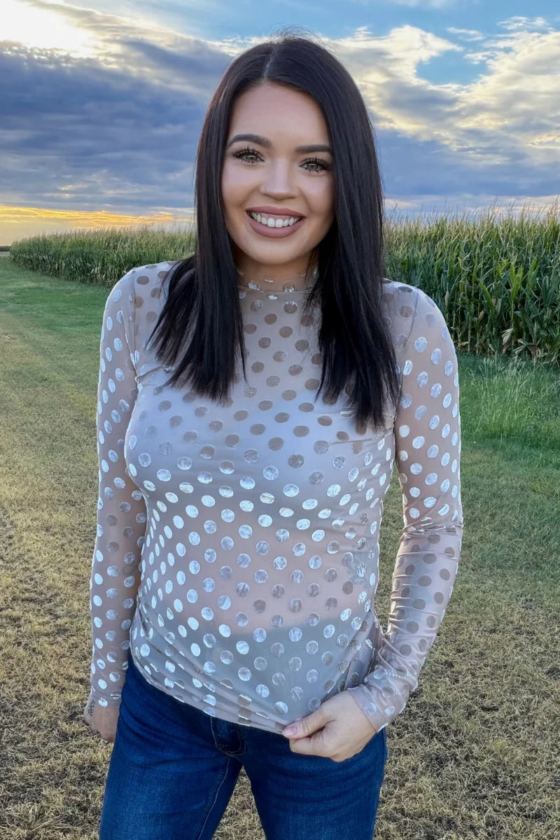 Sterling Kreek Mocha Dot Velvet Long Sleeve Mesh Top