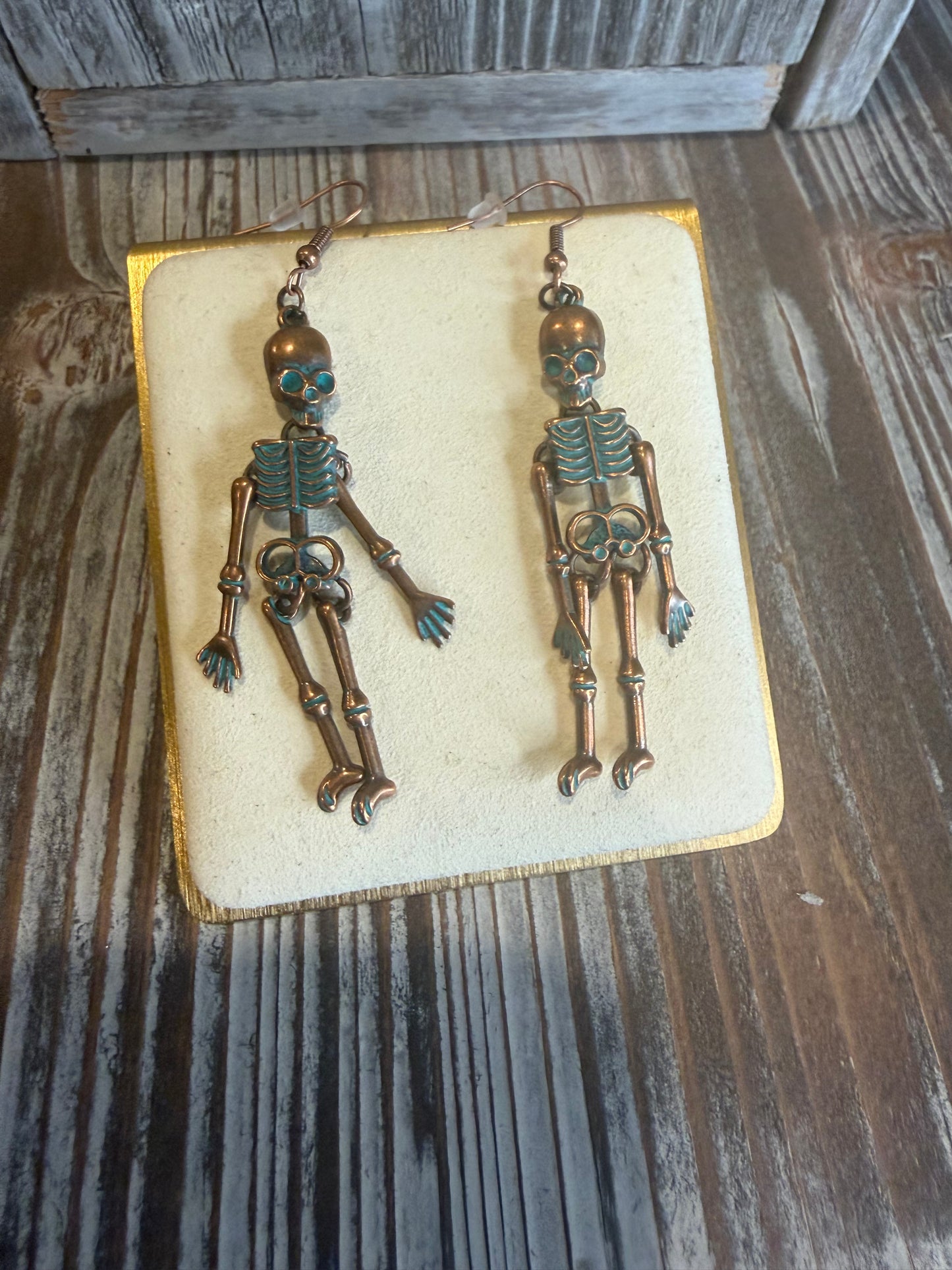 Red Copper Skeleton Earrings | Green Patina Acrylic Dangle | Rustic Halloween Jewelry