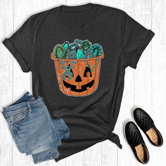 Western Turquoise Pumpkin Bucket Graphic Tee: Charcoal