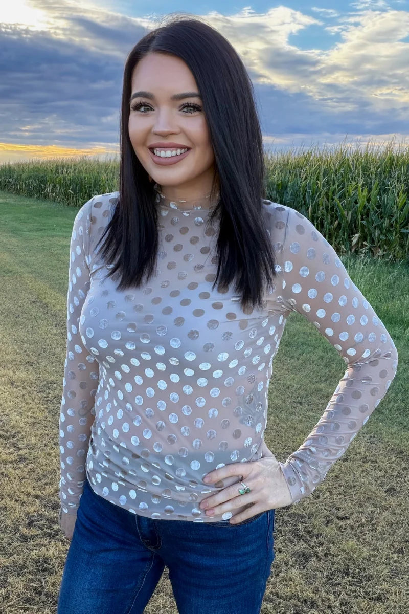 Sterling Kreek Mocha Dot Velvet Long Sleeve Mesh Top