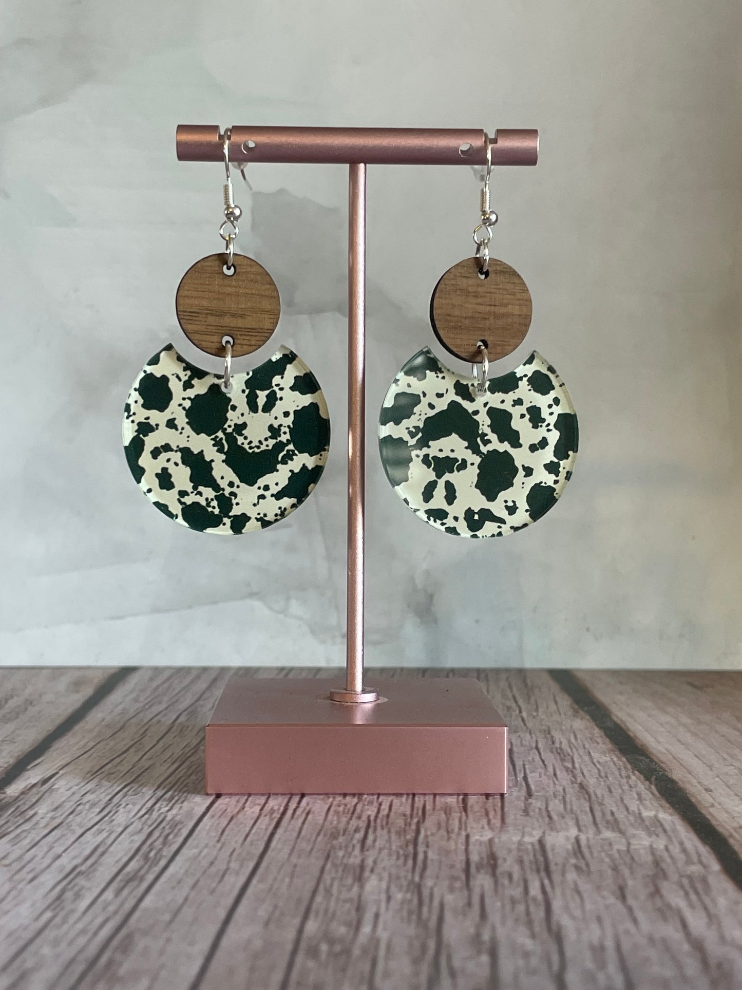 Handmade Patterned Cow Print Acrylic and Wood Earrings