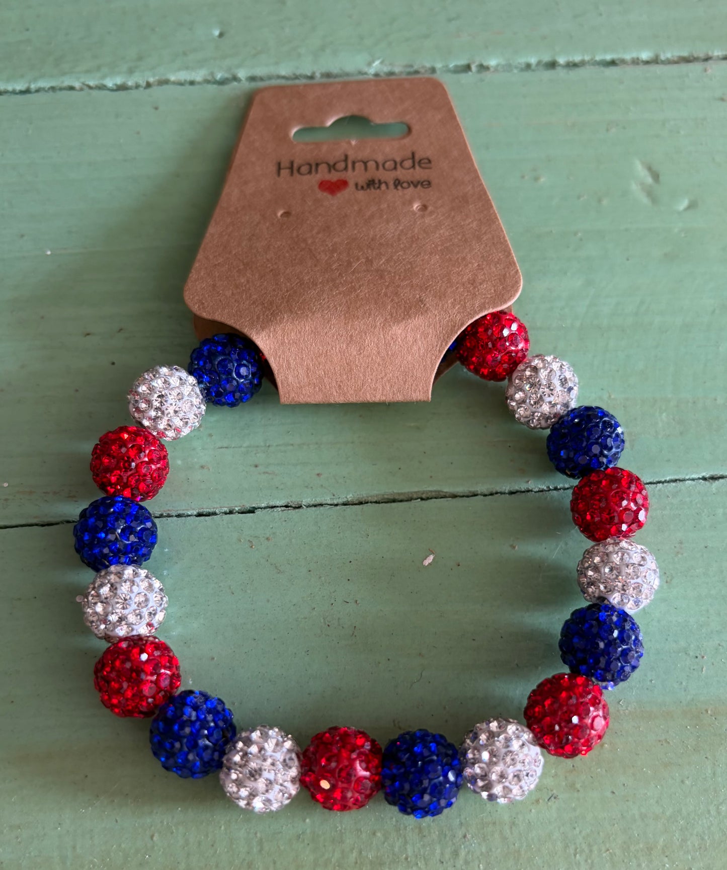 Handmade Red,White, and Blue Rhinestone Bead Stretchy Bracelet