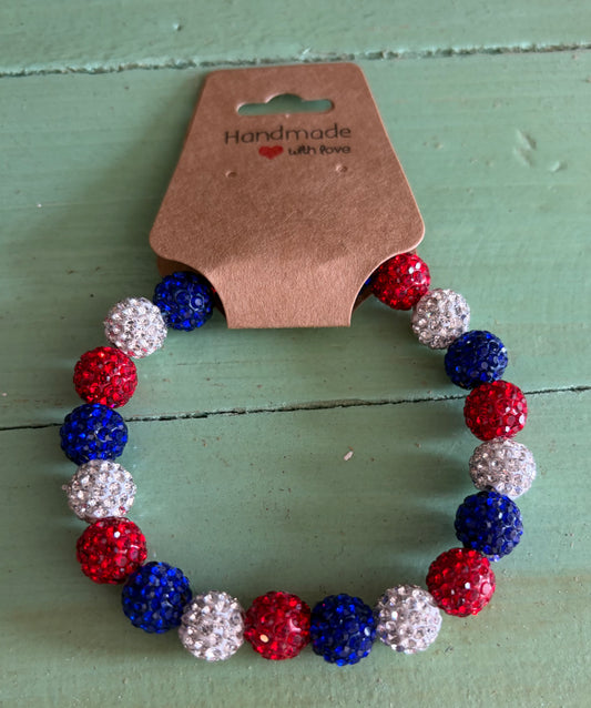 Handmade Red,White, and Blue Rhinestone Bead Stretchy Bracelet
