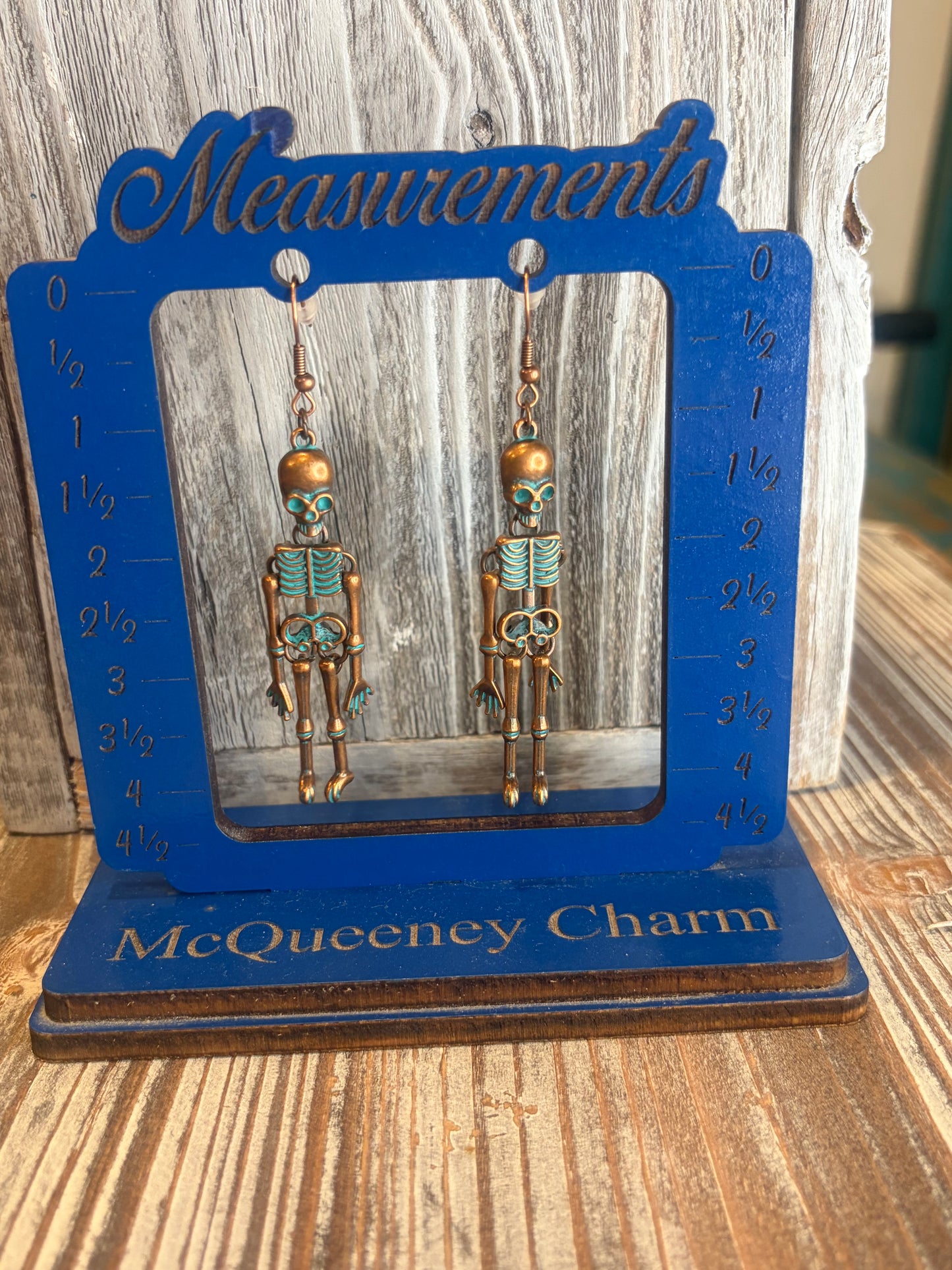 Red Copper Skeleton Earrings | Green Patina Acrylic Dangle | Rustic Halloween Jewelry