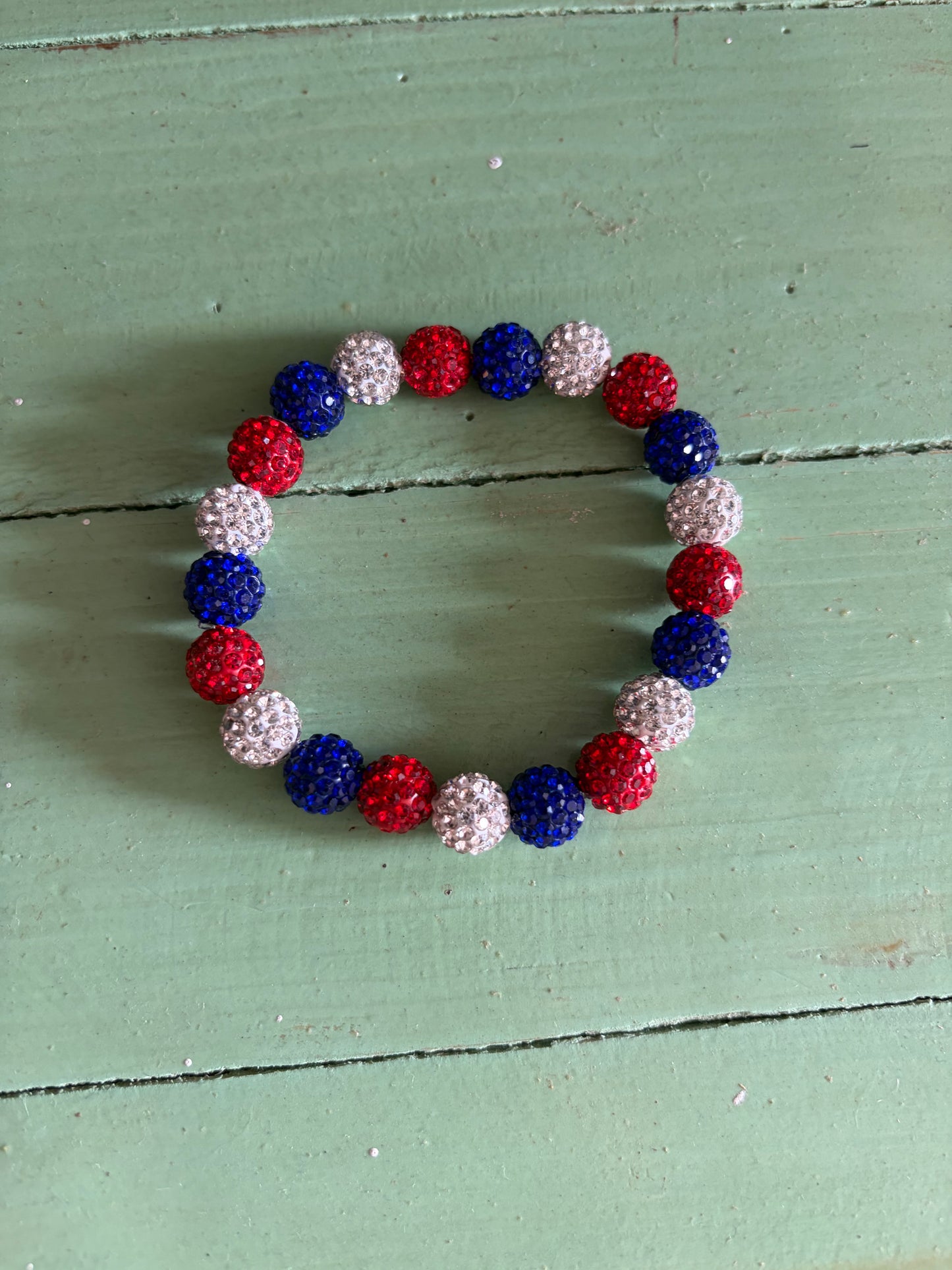 Handmade Red,White, and Blue Rhinestone Bead Stretchy Bracelet