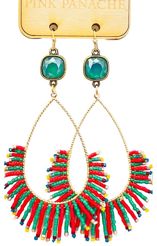 Pink Panache Bead fringe teardrop earring 1CNC CH213: Red