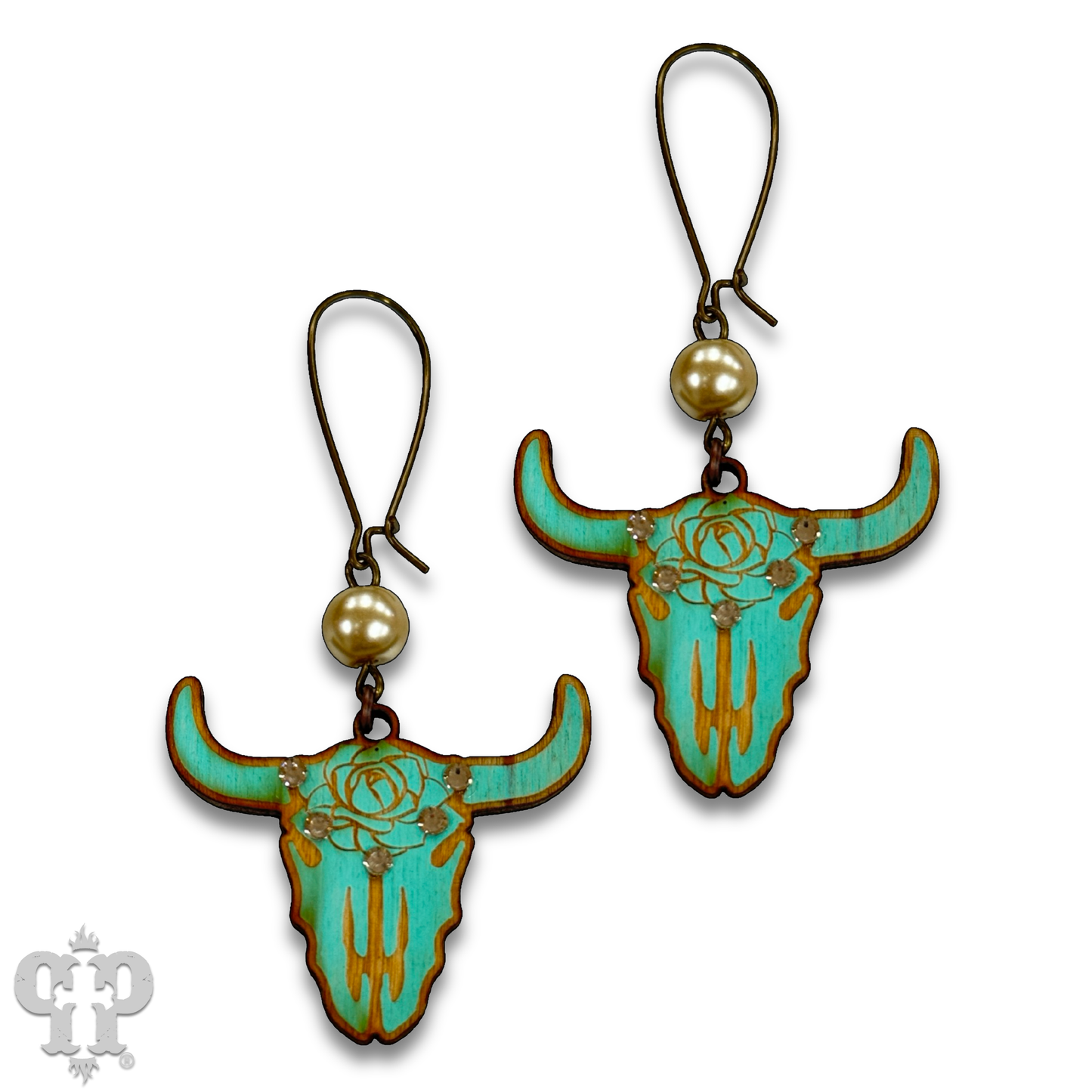 Pink Panache Steer head earring with Austrian crystals: Turquoise