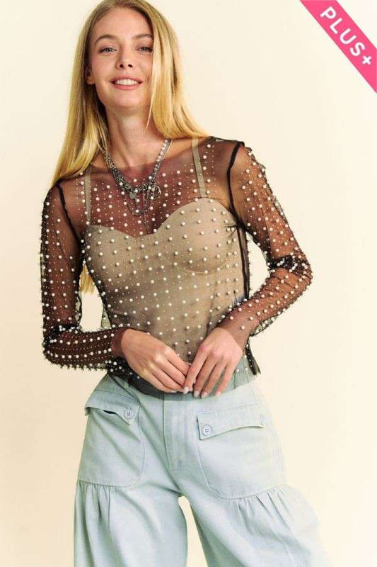 PLUS BEAD PEARL EMBELLISHED LONG SLEEVES MESH TOP: Black