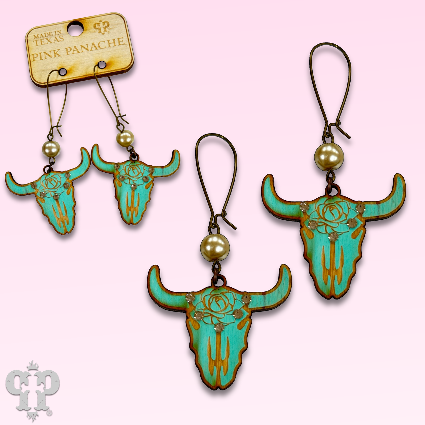 Pink Panache Steer head earring with Austrian crystals: Turquoise