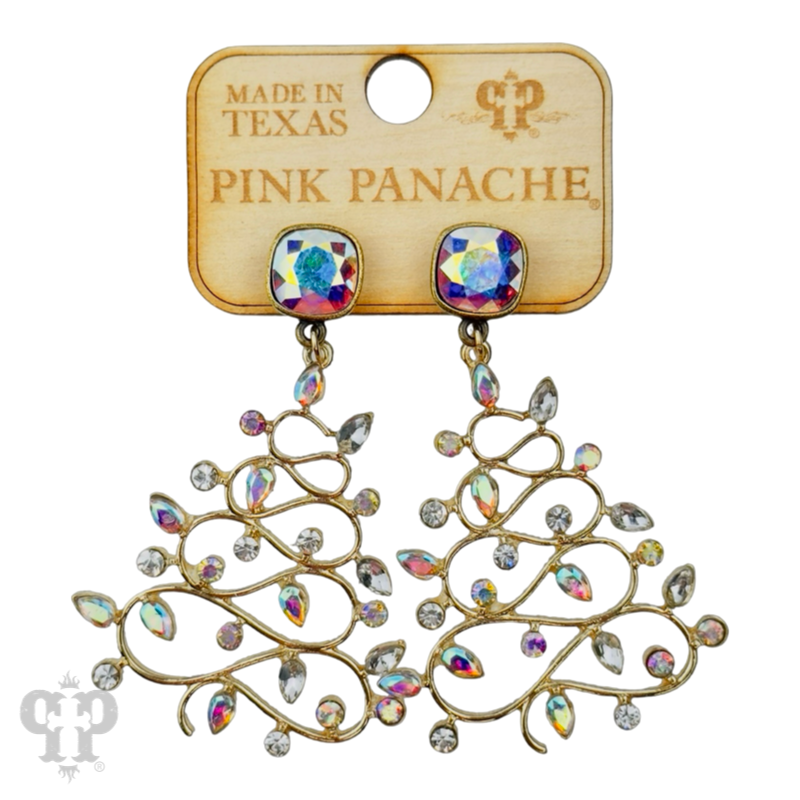 Pink Panache Rhinestone whimsical Christmas tree earring, Austrian crystal: Gold