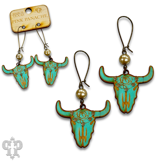 Pink Panache Steer head earring with Austrian crystals: Turquoise
