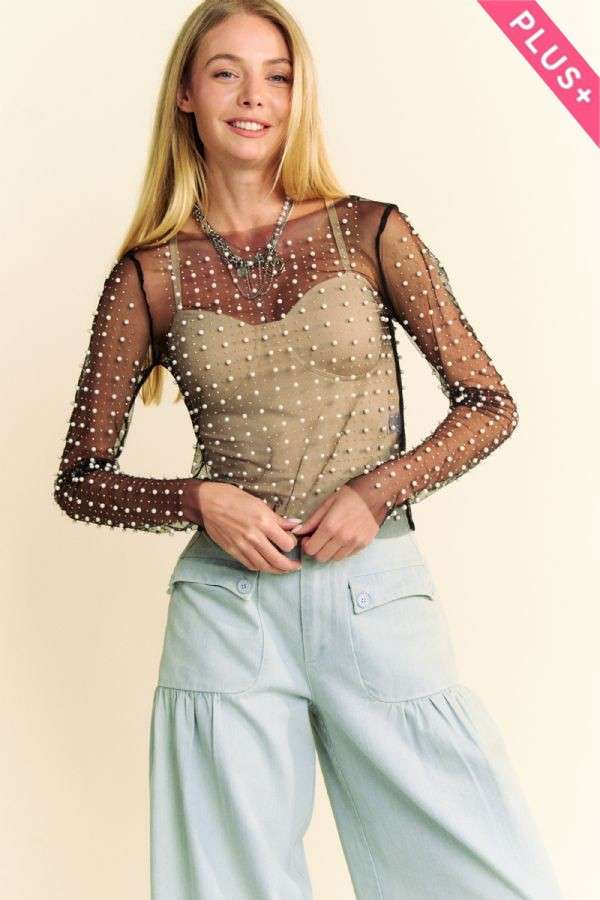 PLUS BEAD PEARL EMBELLISHED LONG SLEEVES MESH TOP: Black