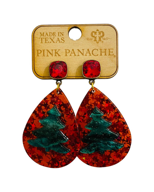 Pink Panache 10mm bronze/red cushion cut post on red glitter tree earrings