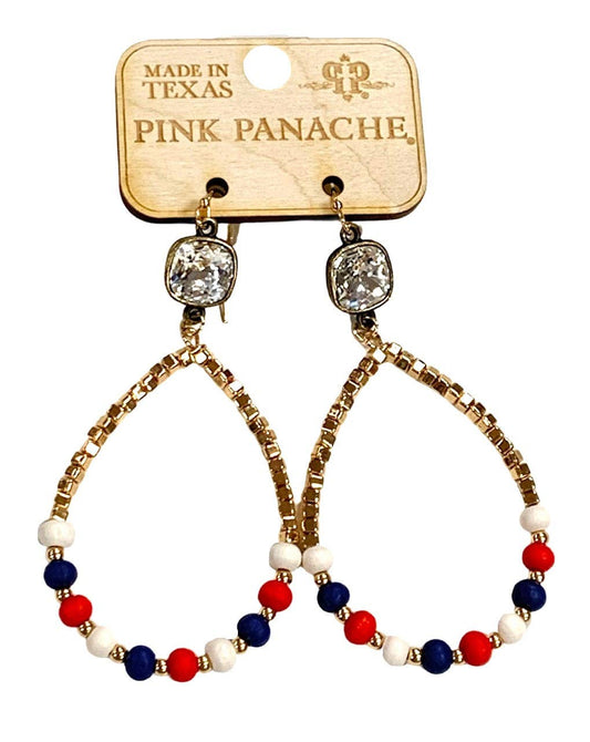 Pink Panache 10mm bronze/clear cushion cut connector on red/white/blue and gold bead teardrop earring